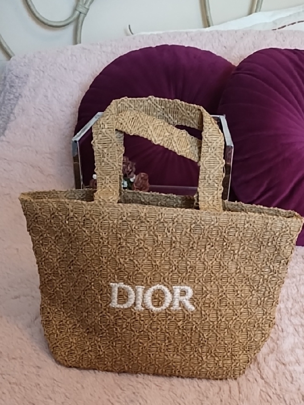 Dior Woven Straw Tote in Tan with White Logo - Picture 2 of 10